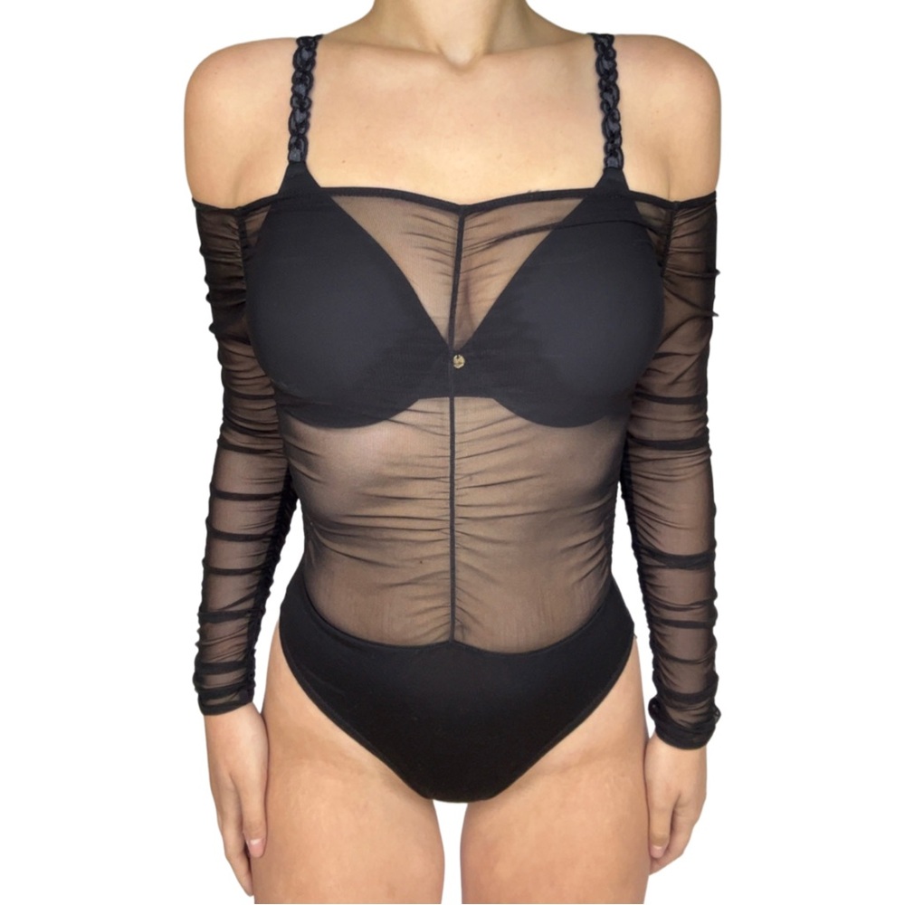 Black Sheer Mesh Ruched Long Sleeve Bodysuit